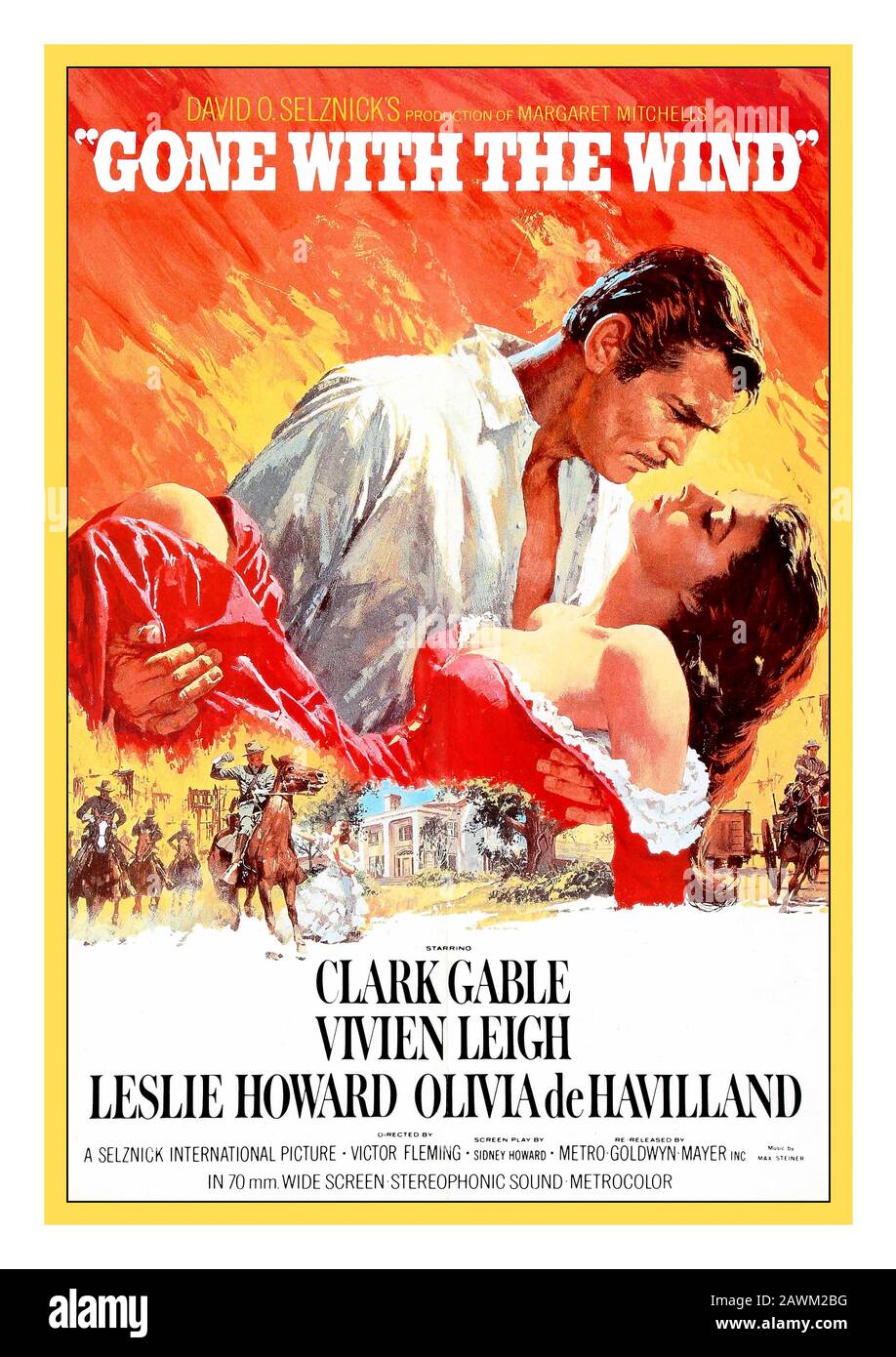 GONE WITH THE WIND 1930’s Vintage Movie Film Poster  1939, M.G.M., USA by artist Armando Seguso  Gone with the Wind is a 1939 American epic historical romance film adapted from the 1936 novel by Margaret Mitchell. The film was produced by David O. Selznick of Selznick International Pictures and directed by Victor Fleming. The leading roles are played by Vivien Leigh (Scarlett), Clark Gable (Rhett), Leslie Howard (Ashley), and Olivia de Havilland (Melanie). Stock Photo