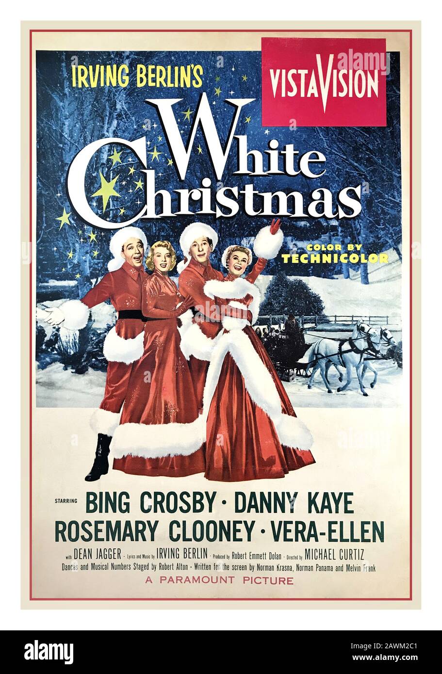 WHITE CHRISTMAS BING CROSBY Vintage Movie Poster for Irving Berlin’s White Christmas (1954) starring Bing Crosby, Danny Kaye, Rosemary Clooney, Vera-Ellen, Dean Jagger, Mary Wickes, John Brascia, Anne Whitfield, Bea Allen, Directed by Michael Curtiz Stock Photo