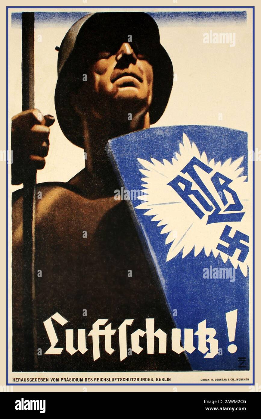 AIR RAID PROTECTION WW2 GERMANY Vintage 1940's Nazi Germany Propaganda Poster German World War II Luftschutz German poster propaganda poster Luftschutz - 'Air Raid Protection'.Nazi propaganda in Germany, air raid protection was of particular importance during the Second World War . Powerful design by Ludwig Hohlwein featuring a Shield bearer holding a shield with a swastika, an important propaganda element in the Nazi Germany Third Reich. Stock Photo