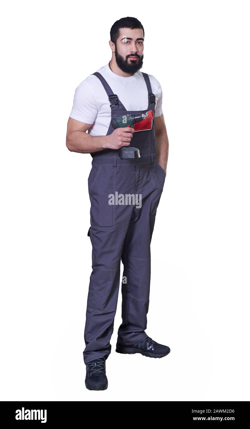 smiling worker with red drill on white background Stock Photo
