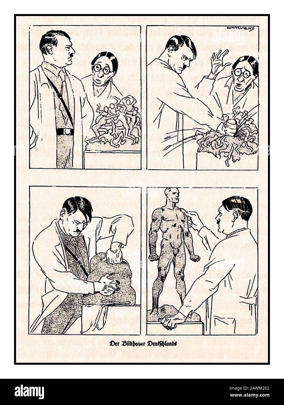A German Nazi cartoon of 1933. Adolf Hitler is titled as a 'Sculptor for Germany' creating the perfect Aryan male  A bespectacled stereotype Jewish artist is shocked by his sculpture being violently transformed from a group of people in conflict, to a sculpture transformation produced by Adolf Hitler of a master race Aryan male Stock Photo
