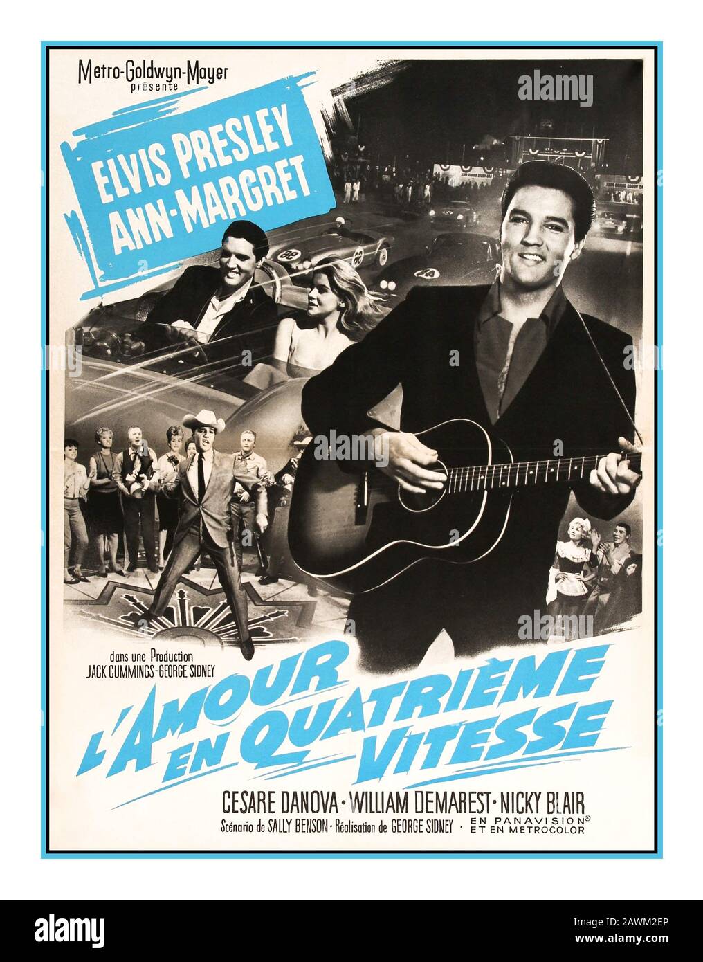 Vintage 1960's  Elvis Presley Movie Poster 'Love in 4th Gear' made for French market ' l'Amour en Quatrième Vitesse' starring Elvis Presley Ann Margaret Cesare Danova William Demarest Nicky Blair. French poster promoted the 1964 Elvis Presley film Viva Las Vegas, titled in France L’Amour en Quatrième Vitesse (Love in Fourth Gear). Directed by George Sidney Stock Photo