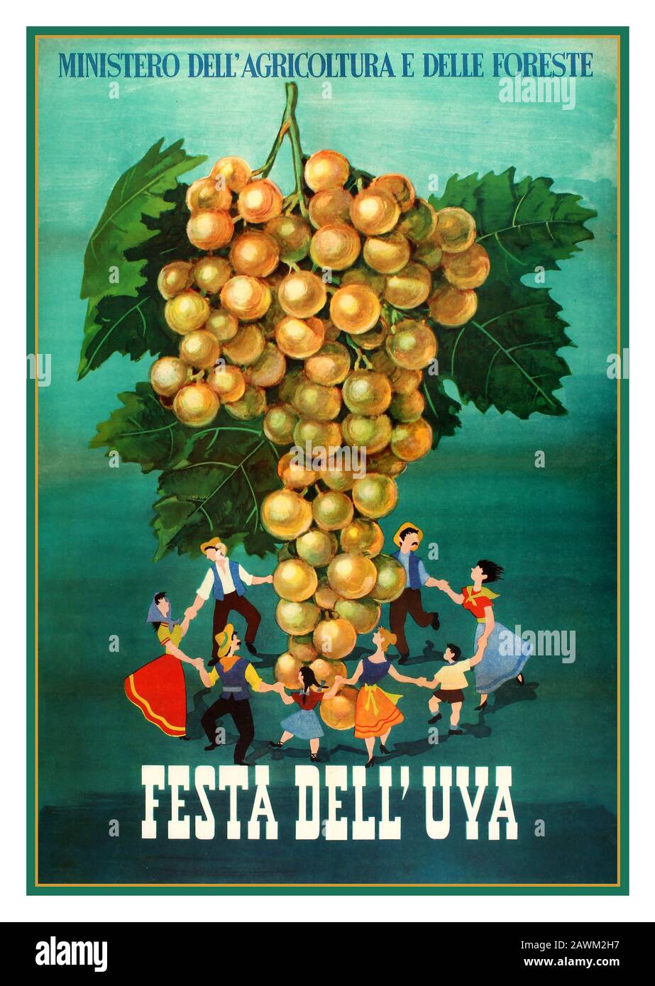 Vintage wine festival advertising poster in Italian for the Festa dell'Uva grape and wine festival published by the Ministero dell'Agricoltura e della Foreste - Ministry of Agriculture and Forest. Adults and children wearing traditional clothes and hats, holding hands and dancing around a giant bunch of white grapes. Printed by Gros Monti & C., Torino.  Italy, 1952, designer: Crea Stock Photo