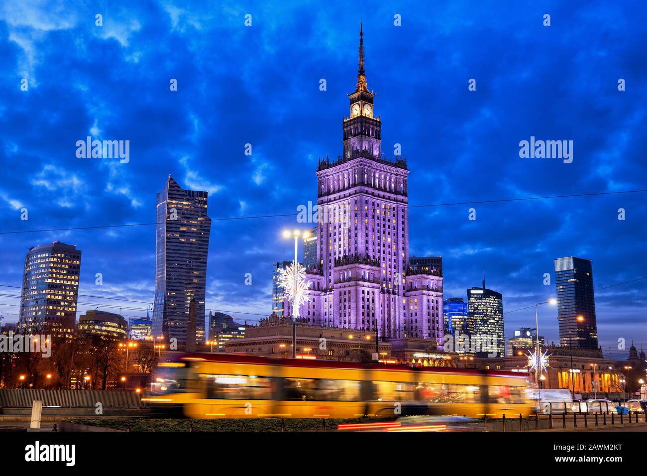 City centre of Warsaw in Poland at evening twilight, downtown skyline with Palace of Culture and Science. Stock Photo