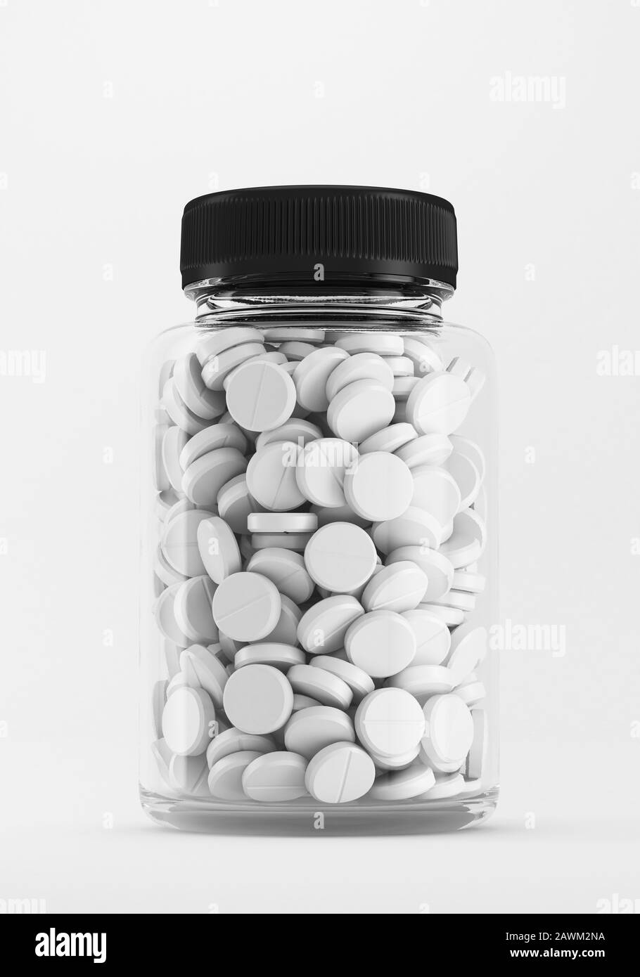 Transparent bottle full of white aspirin pills against white background. Supplement and antibiotics product mockup. Stock Photo