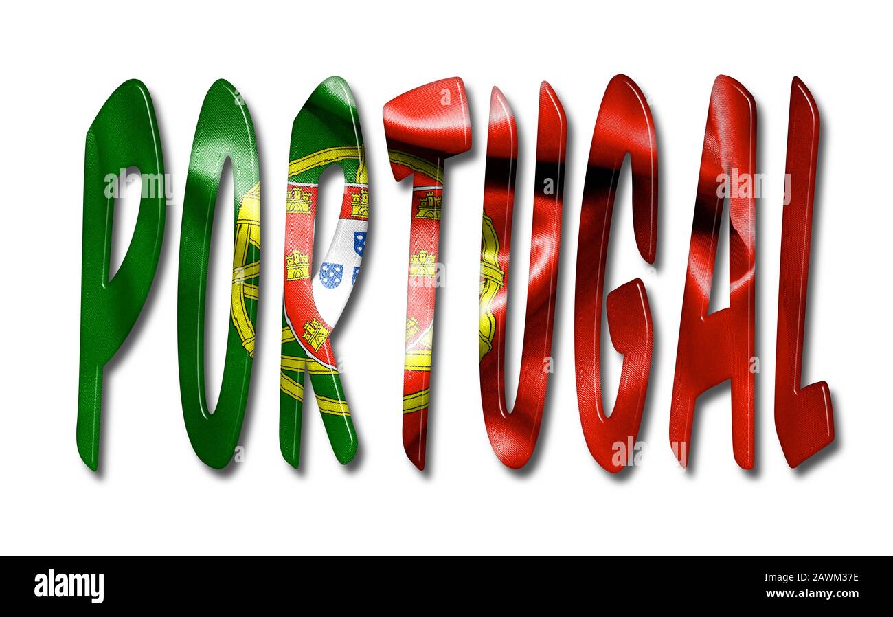 Portugal word with a bevelled flag texture on an isolated white background with a clipping path for both with and without shadows Stock Photo