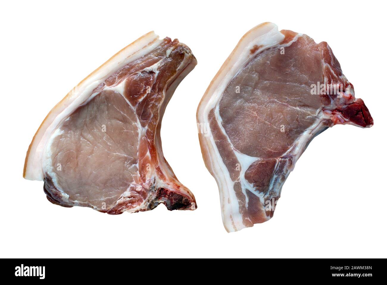 Two raw pork loin chop steaks as would be served at a typical butchers on an isolated white background with a clipping path Stock Photo