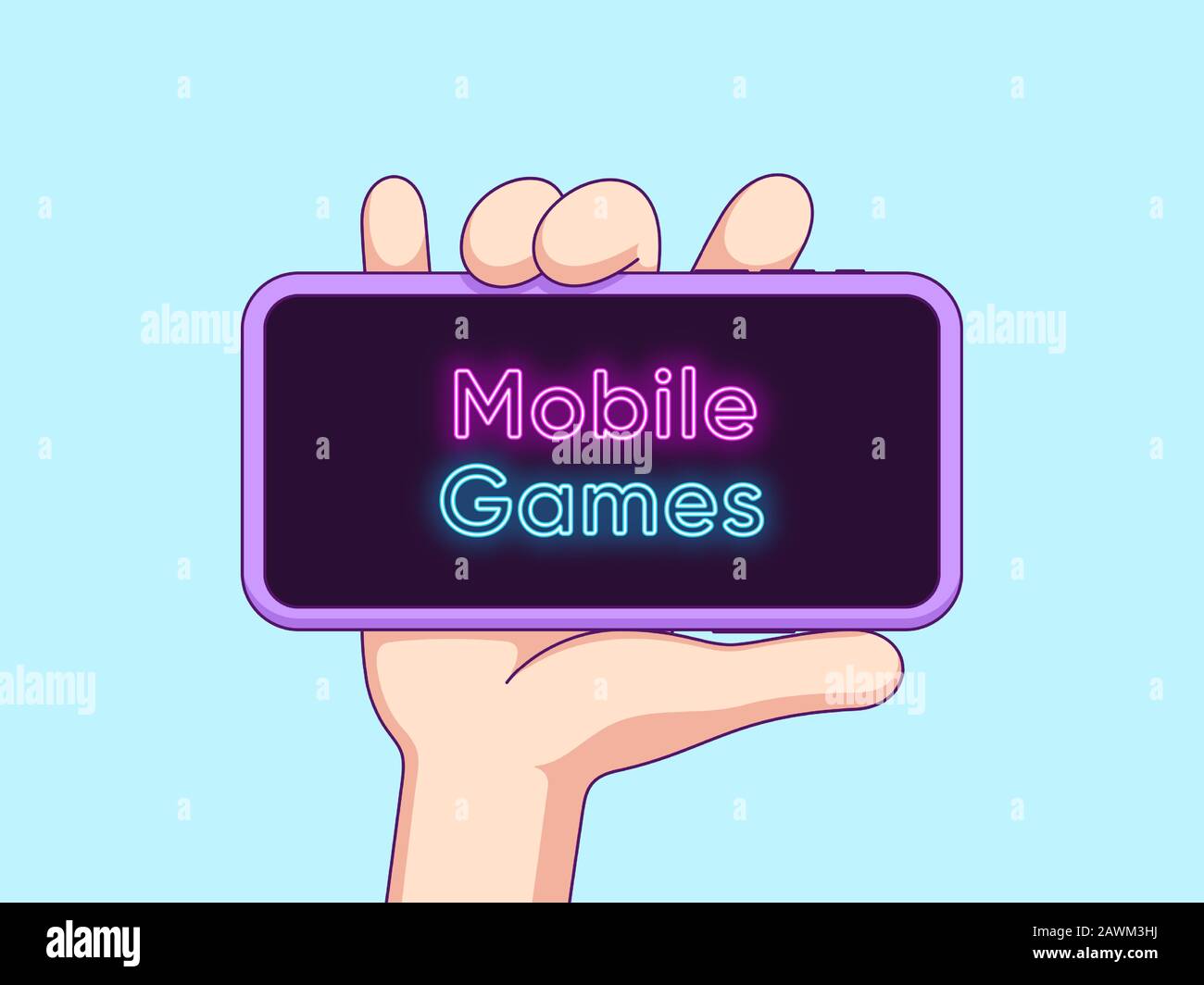 Cartoon human hand keeps and shows touchscreen phone with neon text