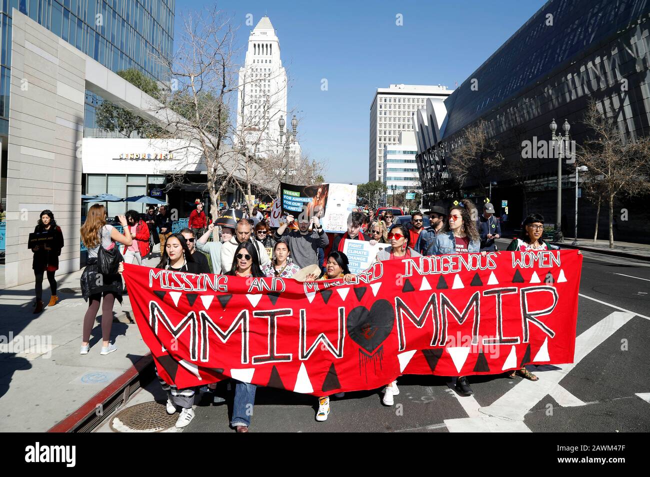 Protesters at the Fire Drill Fridays rally versus the climate emergency in front of the town hall. Los Angeles, February 7th, 2020 | usage worldwide Stock Photo