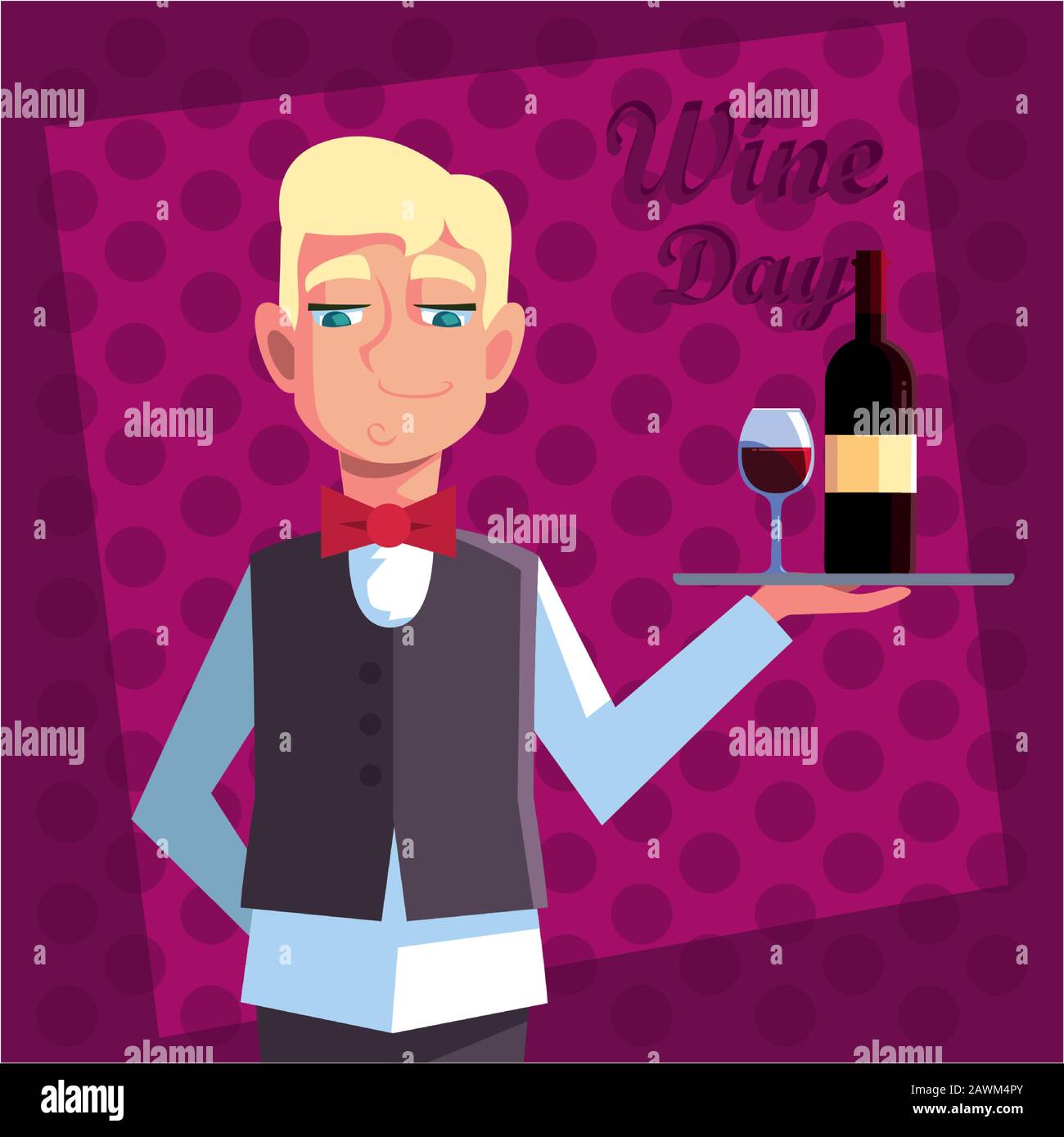man waiter holding tray with bottle wine vector illustration design ...