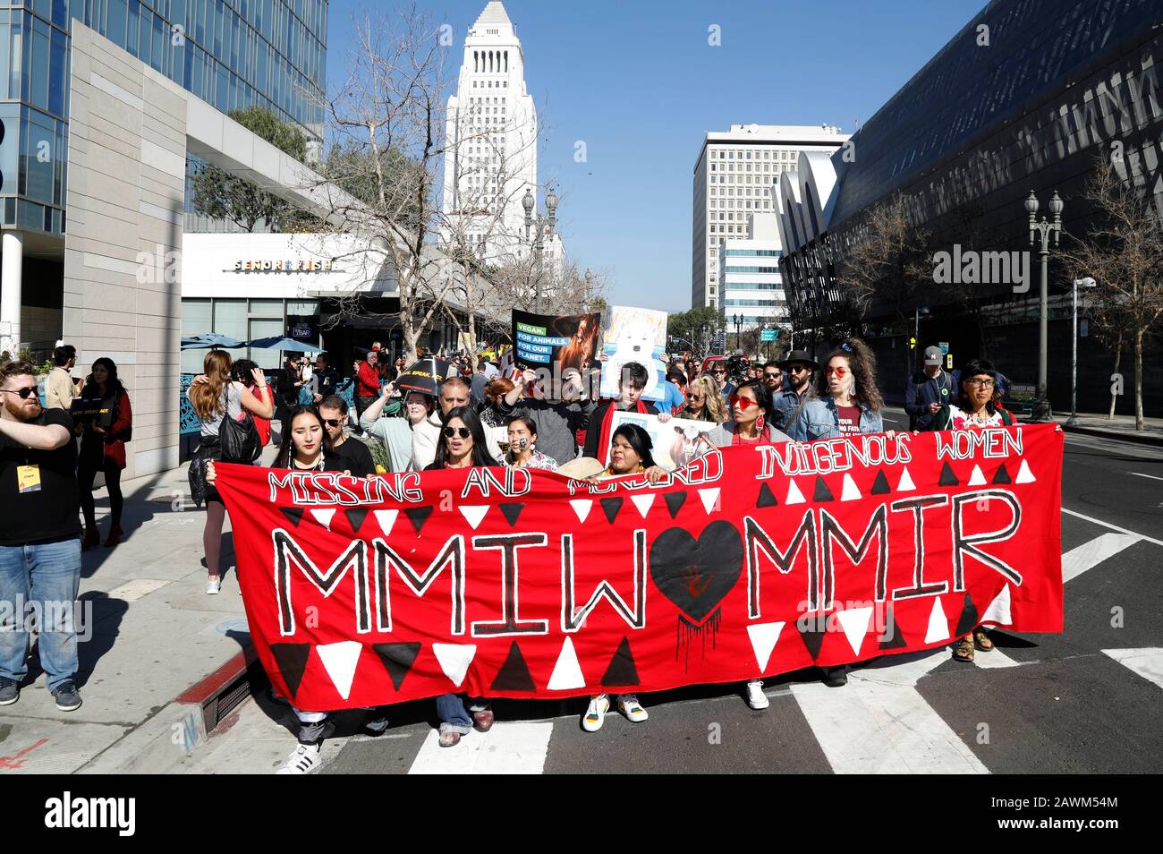 Protesters at the Fire Drill Fridays rally versus the climate emergency in front of the town hall. Los Angeles, February 7th, 2020 | usage worldwide Stock Photo