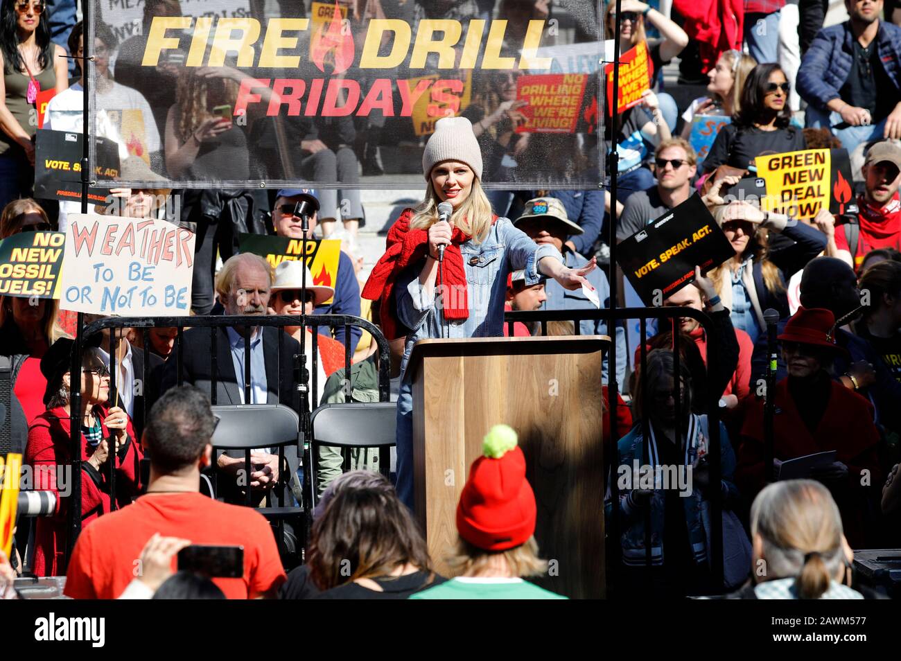 Brooklyn Decker at the Fire Drill Fridays rally versus the climate emergency outside City Hall. Los Angeles, February 7th, 2020 | usage worldwide Stock Photo