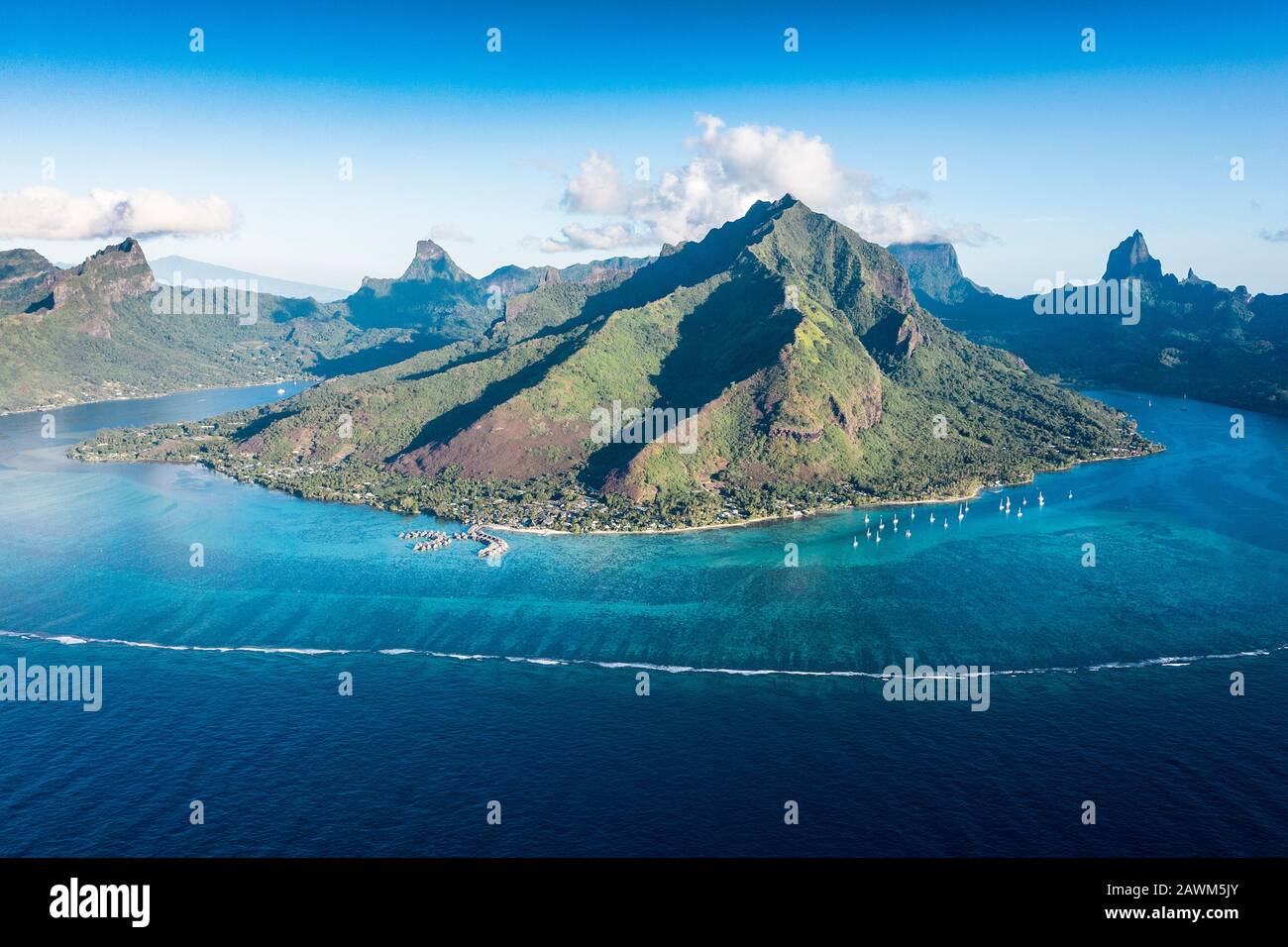 Aerial View of Cook's Bay and Opunohu Bay, Moorea, French Polynesia Stock Photo