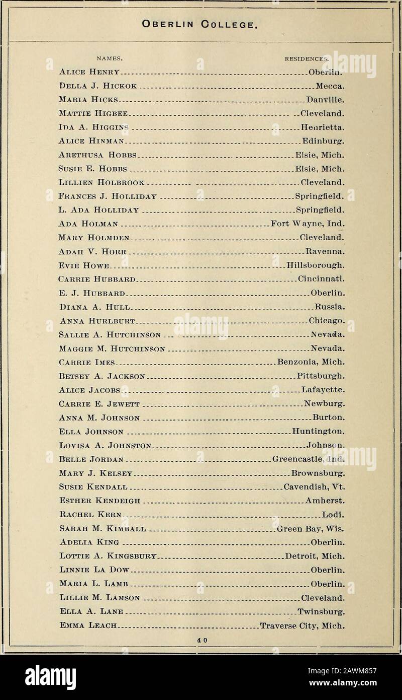 Annual catalogue of the officers and students of Oberlin College for the college year . ouglas Berlin Heights. Nellie Douglas Berlin Heights. May R. Drake Marion. Ella J. Dwyer West Berkshire, Vt. Alice L. Eambs Chicago, 111. Nora E. Earl Plymouth. Julia Edwards Warren. Nellie A. Eggleston Aurora. Kate L. Ellett Bedford. Lillie M. Ellis Oberlin. Florence Ewalt Howland. Ella J. Farrar Oberlin. Lucy M. Fellows Cleveland. Anna L. Ferguson Henrietta. Helen L. Fehguson Henrietta. Ella Fitzgerald Painesville. Mame Fitzpatrick .Columbiana. May Fletcher j Ravenna. Jennie Freeman Oberlin. Florence E. G Stock Photo