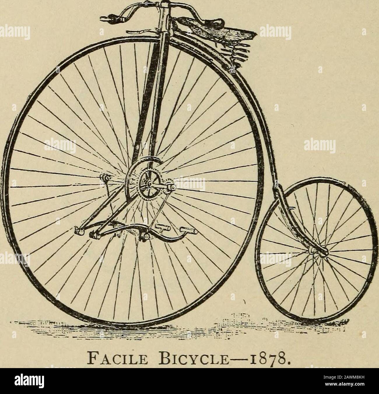 Wheels and wheeling; an indispensable handbook for cyclists, with over two hundred illustrations . Xtraordinary Challenge Bicycle—1878. cranks, and attached at their upper ends to shortarms, working on universal joints at the sides of theforks. This gave quite a different pedal motion.The machine was somewhat peculiar as well as ratherheavy in appearance; but it was safe, and fast, espe-cially on rough roads. It soon got a hold on themarket and has never been entirely out of it in Eng-land, though comparatively few have ever been usedhere. The Facile bicycle, also produced in 1878, was a 63 WH Stock Photo