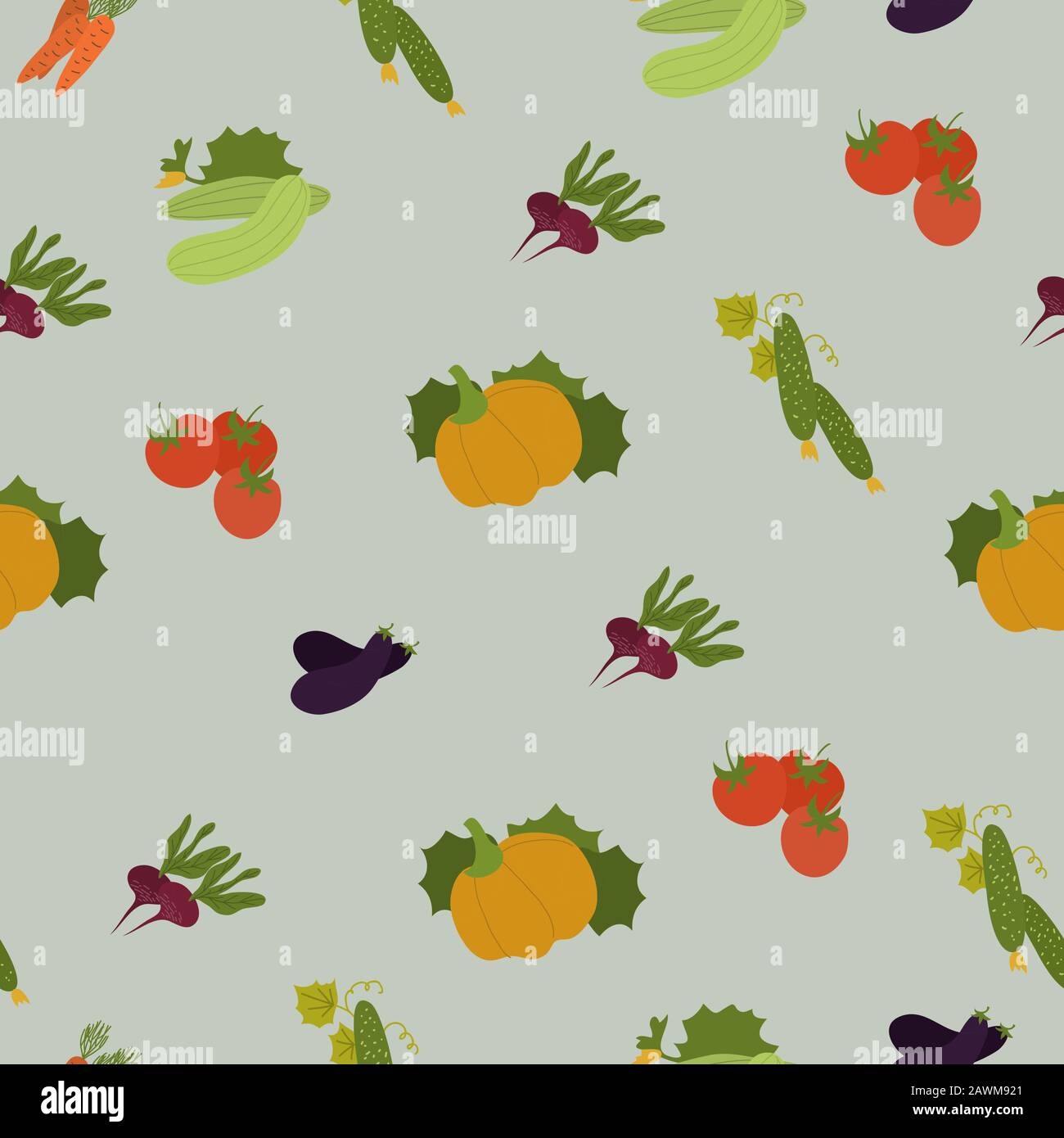 Seamless pattern with organic vegetables. Squash, cucamber, tomato, eggplant, pumpkin and carrot. Organic food background. Stock Vector