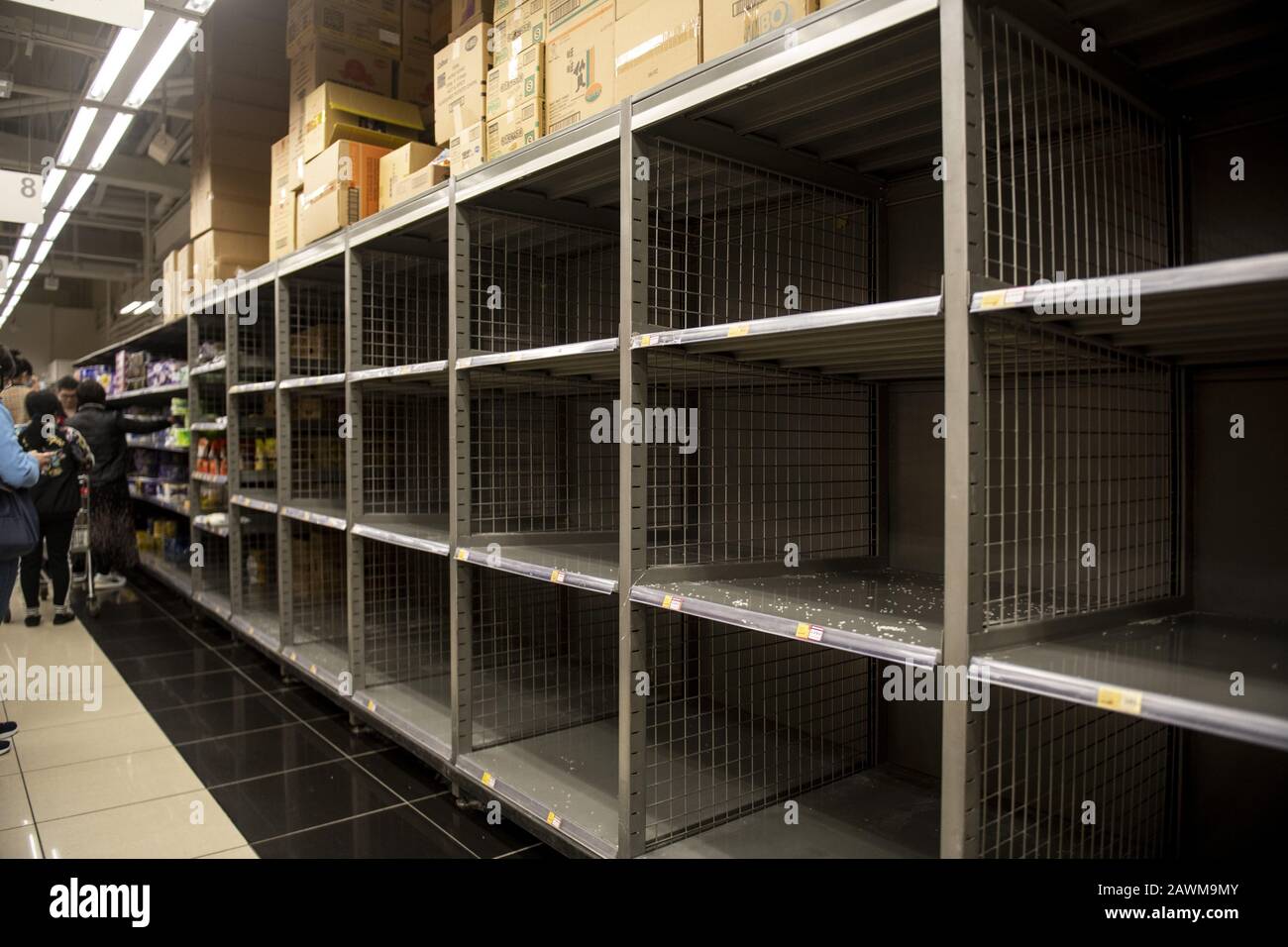 February 9, 2020, Hong Kong, China: 2019-nCov causes panic buying in Hong Kong. Internet and social media rumors fuel panic buying with rice and toilet paper top of the list. Fortress Hill Wellcome supermarket shows empty rice shelves. The government has reassured the public there is no risk to the supply chain but few are listening. (Credit Image: © Jayne Russell/ZUMA Wire) Stock Photo