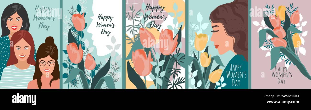 Vector set of illustrations for International Women's Day. Cute cartoon tamplate for cards and posters Stock Vector