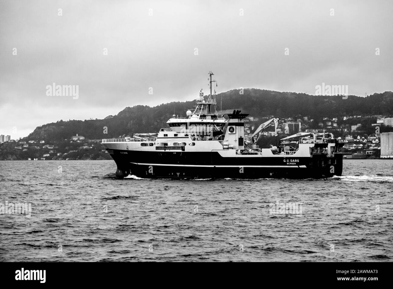 Marine research and survey vessel G.O.Sars departing from the port of Bergen, Norway. Stock Photo