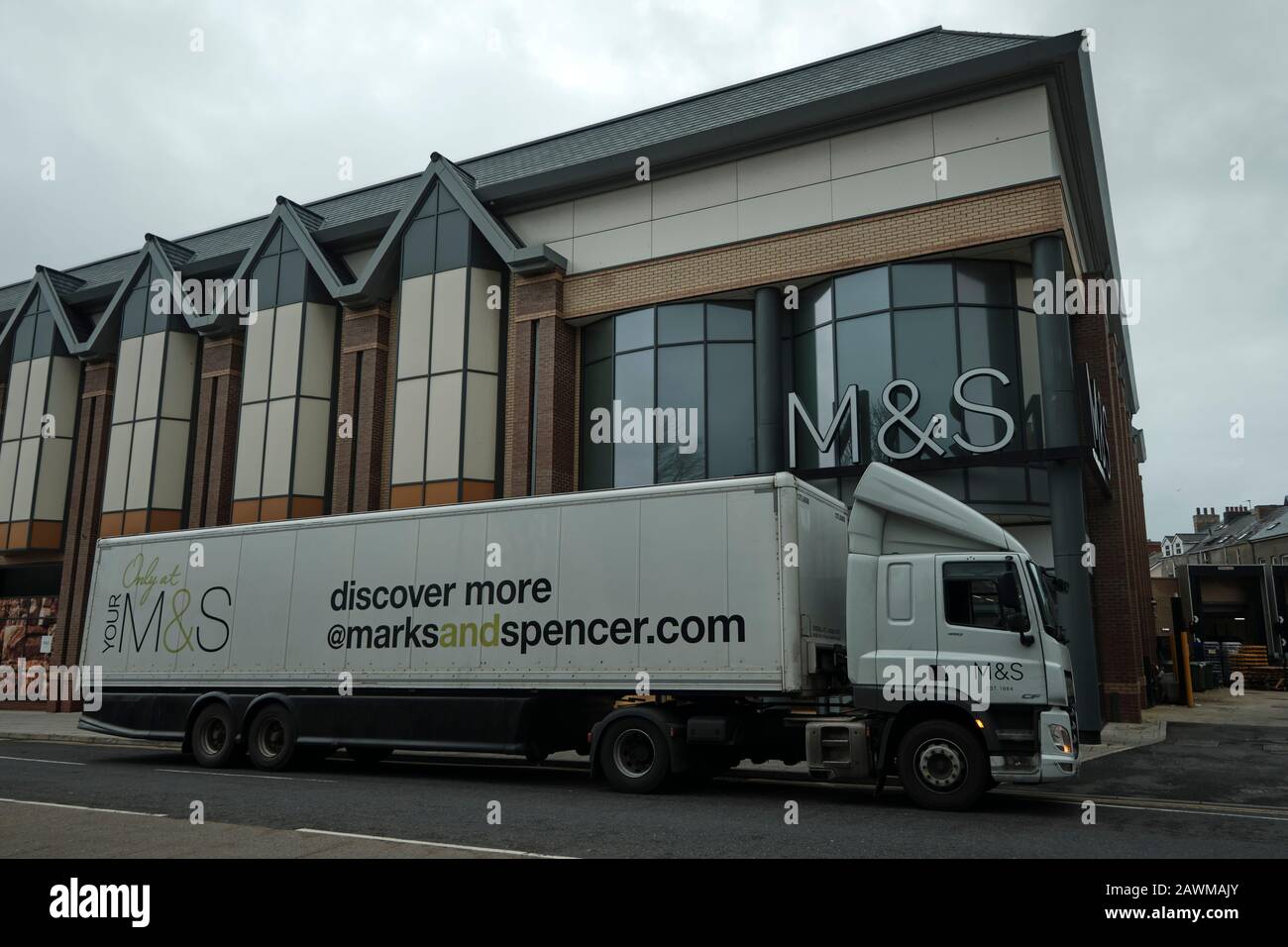 Marks and Spencer Lorry parked in front of Aberystwyth M&S Stock Photo