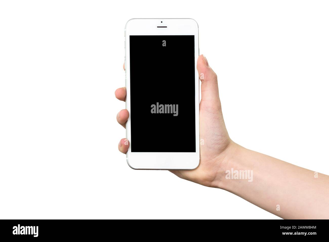 Woman hand holding a white smartphone with blank screen isolated on ...