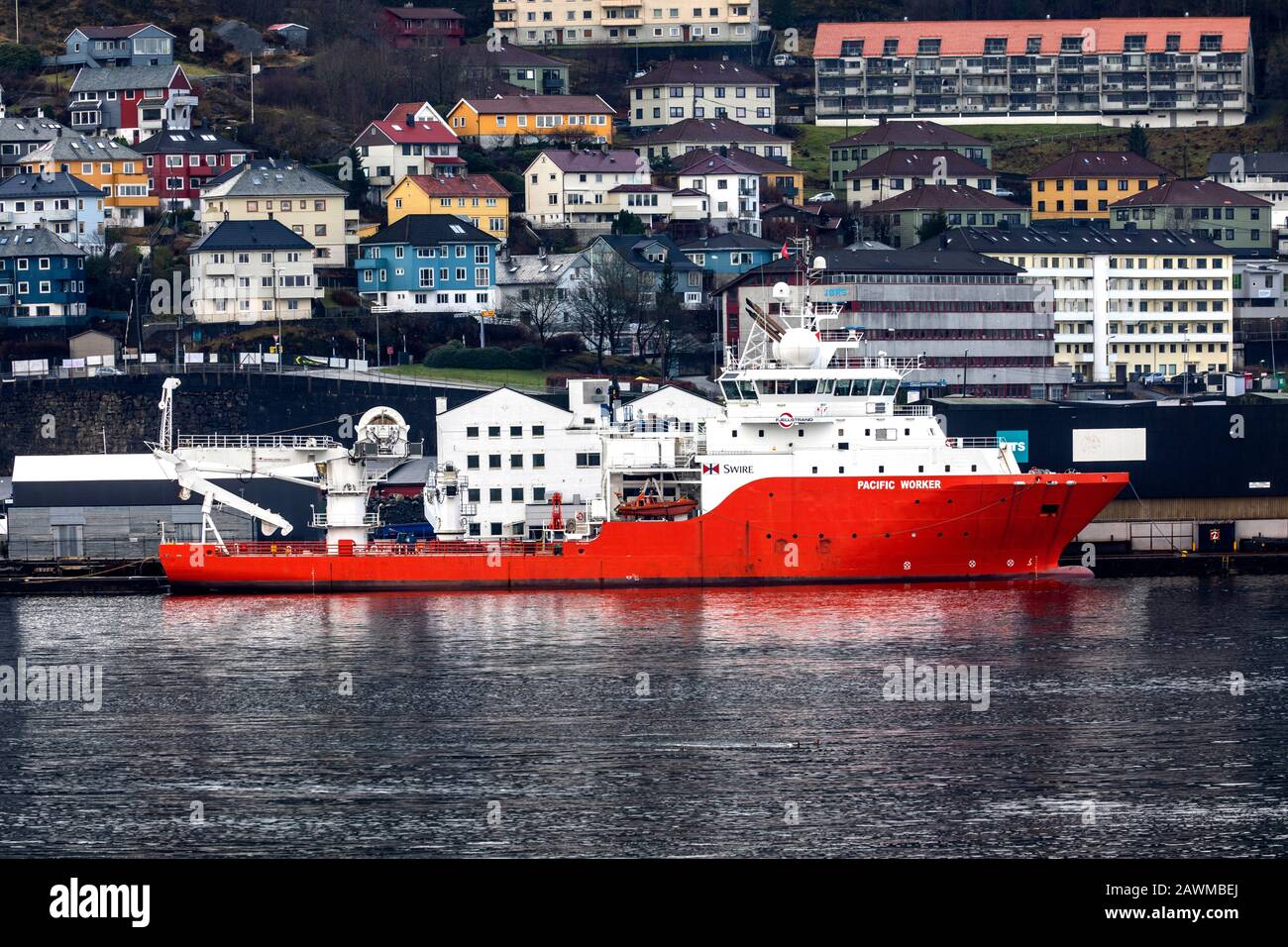 Multi-purpose subsea MPSVA vessel Pacific Worker in port of Bergen, Norway. A gray, dark winter day Stock Photo