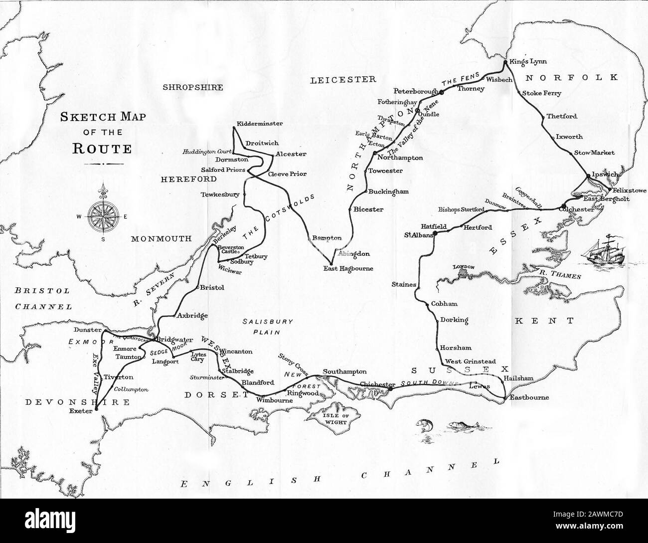 An English holiday with car and camera . SHROPSHIRE Sketch Map OF TH E Route ft?. 33^=^* StoTvfords Geog EstaJx^Zonxion.. LandaiL: ^llacmillaxL & Co.Lti. INDEX Abingdon, 364-366, 368Alcester, 295, 298Alfoxton, 114, 118Alfriston, 10, 82AUer, 94Arundel, 24Athelney, 94, 97-102 Bampton, 344-346 Bath, 269 Beaconsiield, 59 Bedminster, 192 Berkeley, 40, 194-199 Berrow, 154 Beverstone, 245-246 Bicester, 369 Bidford, 294-295 Bishop Stortford, 417 Blandford, 39, 43 Boroughbridge, 96-98 Bosbury, 56-57 Bosham, 26-27 Bourne, 174 Braintree, 416-417 Bredon, Hill of, 273-274 Bridgwater, 94-95, 103-109, 186 B Stock Photo