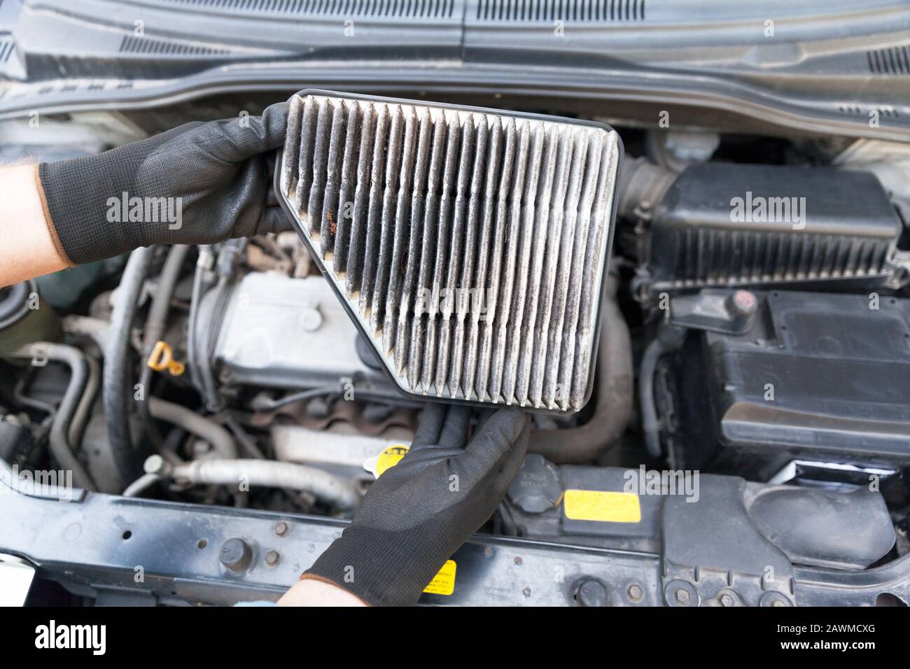 Dirty car engine air filter Stock Photo