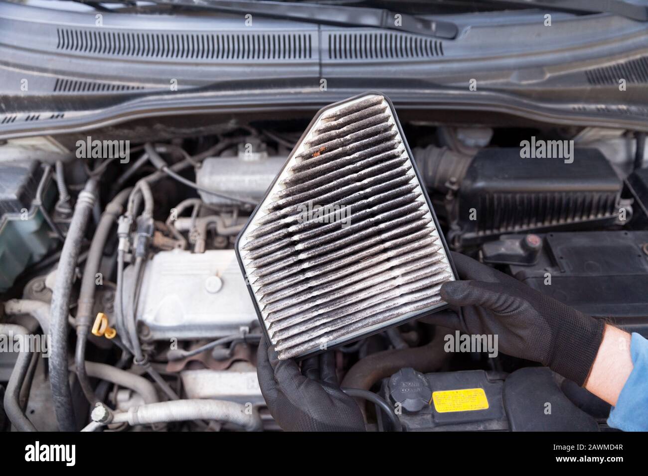 Dirty car engine air filter Stock Photo