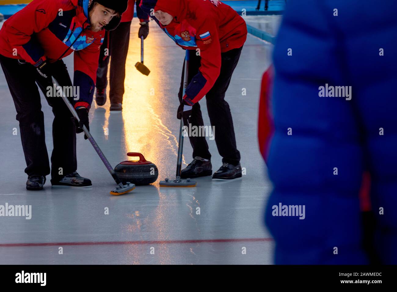 Moscow, Russia. 9th of February, 2020 Russian national team plays Curling during the Red Square Moscow, Russia. 9th of February, 2020 Russian national team plays Curling during the Red Square