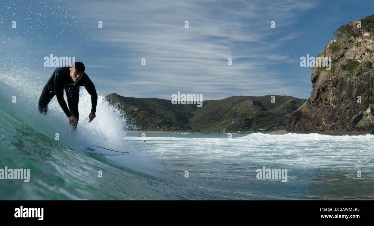 A young male surfer in a black wetsuit rides a wave in front of Lion rock at Piha Beach, Piha, West Auckland. Stock Photo