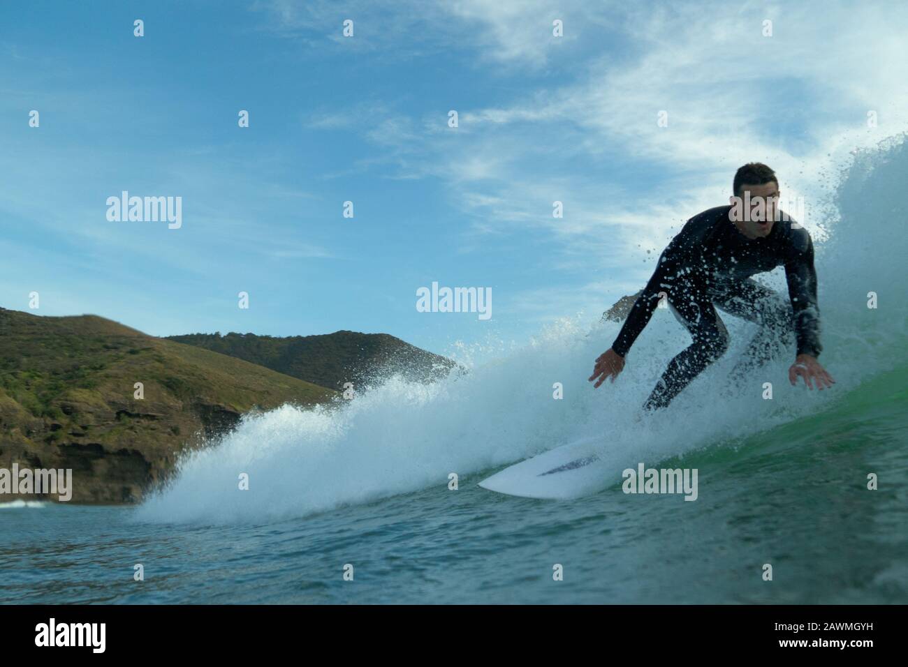 A young male surfer in a black wetsuit rides a wave at Piha Beach