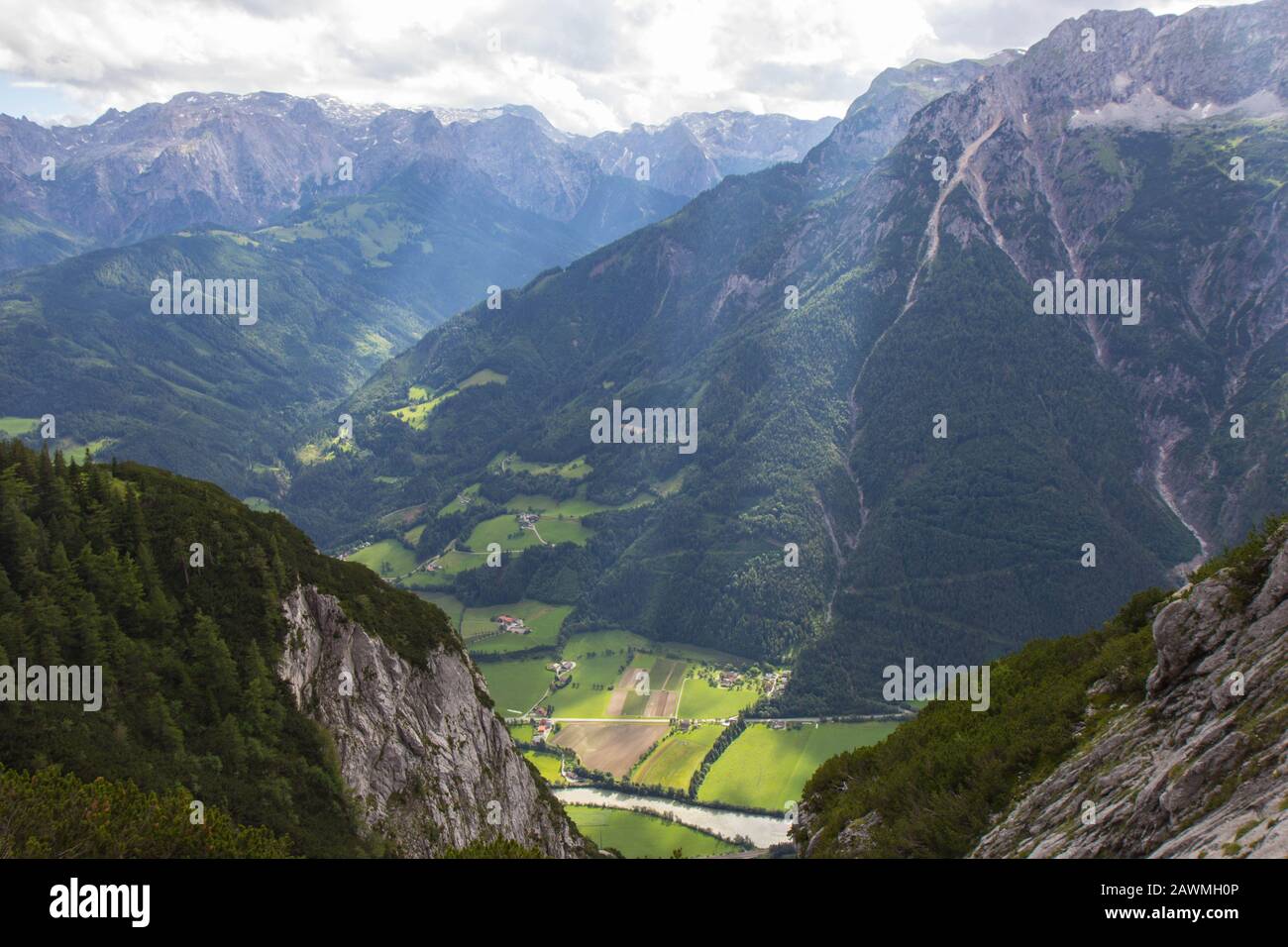 view of the valley of Salsach river in Alps Stock Photo