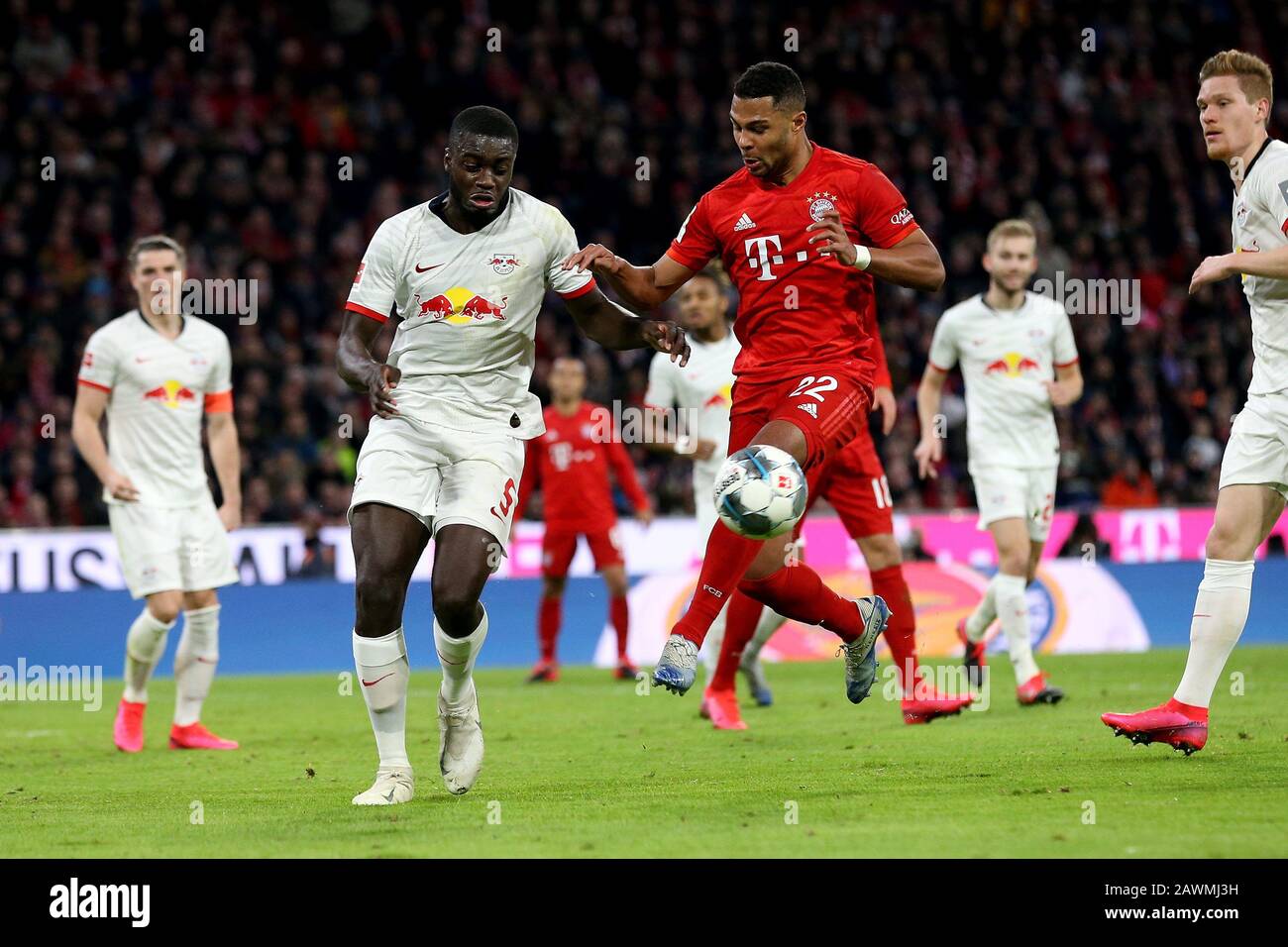 firo: 09.02.2020, football, 1.Bundesliga, season 2019/2020, FC Bayern  Munich - RB Leipzig, Dayot Upamecano, RB Leipzig, Leipzig, pitchBallsport,  Serge Gnabry, FC Bayern Munich, FCB, Bayern, Munchen, whole figure, duels,  | usage worldwide Stock Photo ...