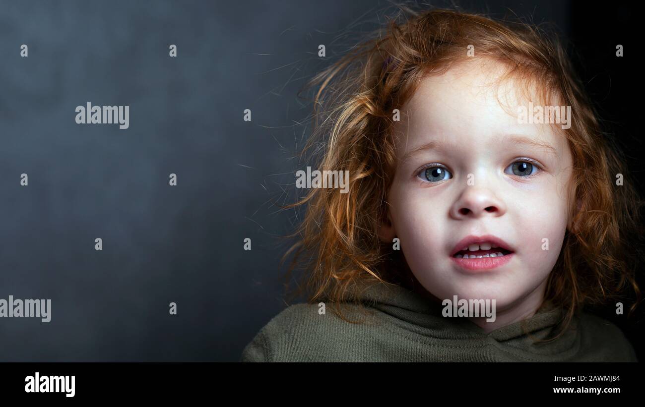 cute red-haired little girl portrait on a gray background. redhead child. Stock Photo