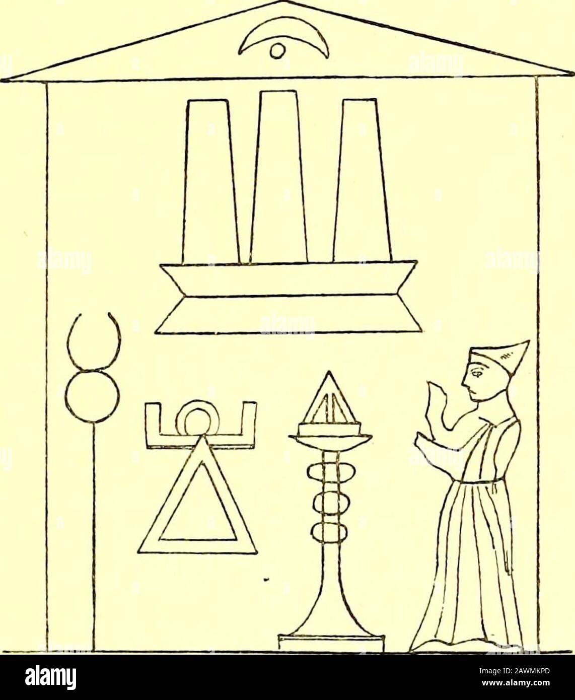 The night of the gods; an inquiry into cosmic and cosmogonic mythology and symbolism . , 244. 245. 5 Ibid., 24S, 255. Mountain.^ The Cone. 927 The stone of Ashtoreth (Aphrodite) at Byblos is seen to beconical on an enlarged coin of that place struck under Macrinusgiven in Donaldsons Architecture/. Numismatica, No. 30. Twopedestal-pillars consecrated to Melkart at Malta by Abdosir andOsirsamar, and originally about four feet high (now in the Louvre)were conical. See the engraving of one (truncated by fracture ?)in Perrot and Chipiez.1 The stone found at Athienou in Cyprusby Ceccal Ji is 65 cent Stock Photo