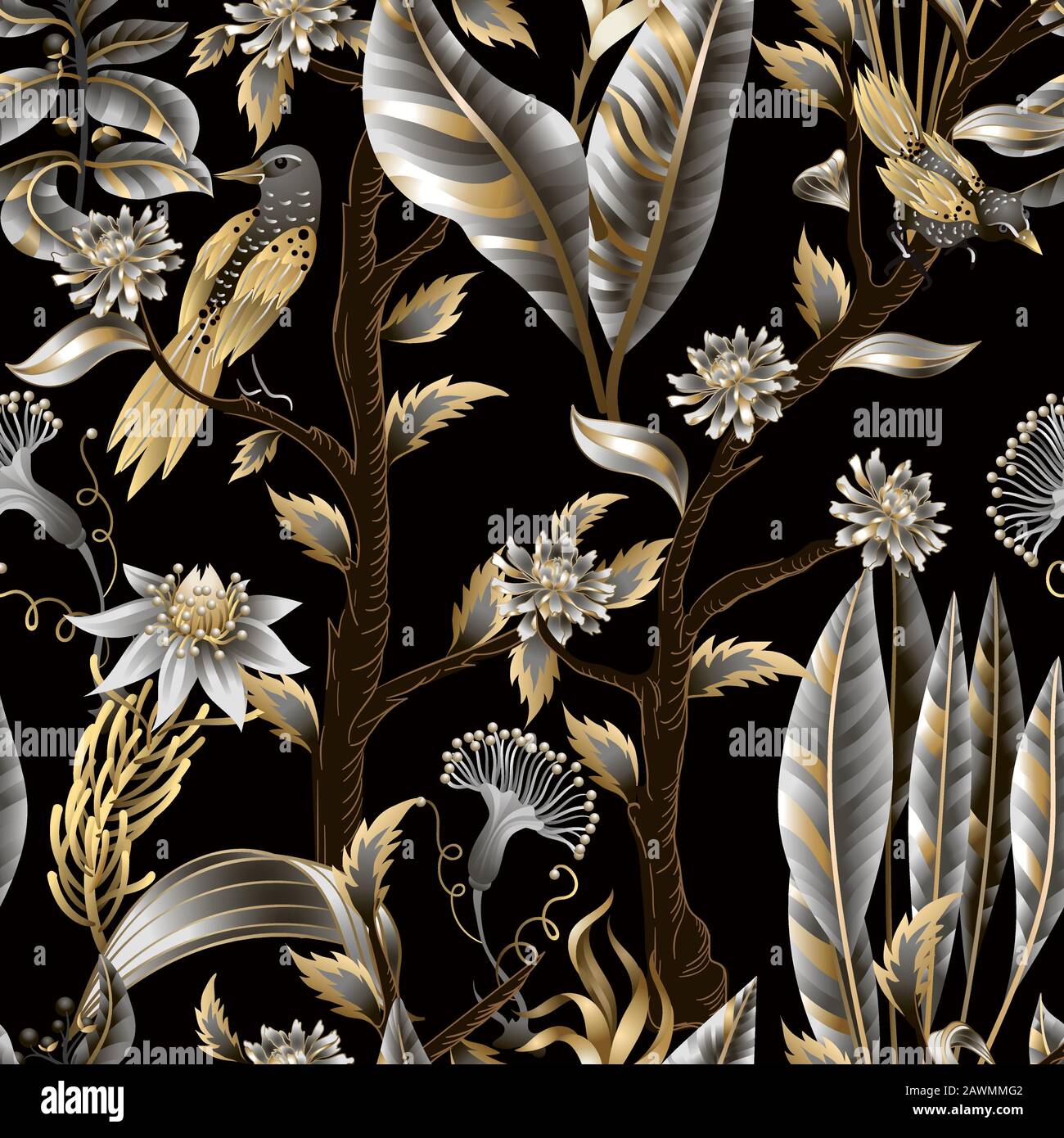 Seamless pattern with golden and metallic leaves, flowers and birds ...