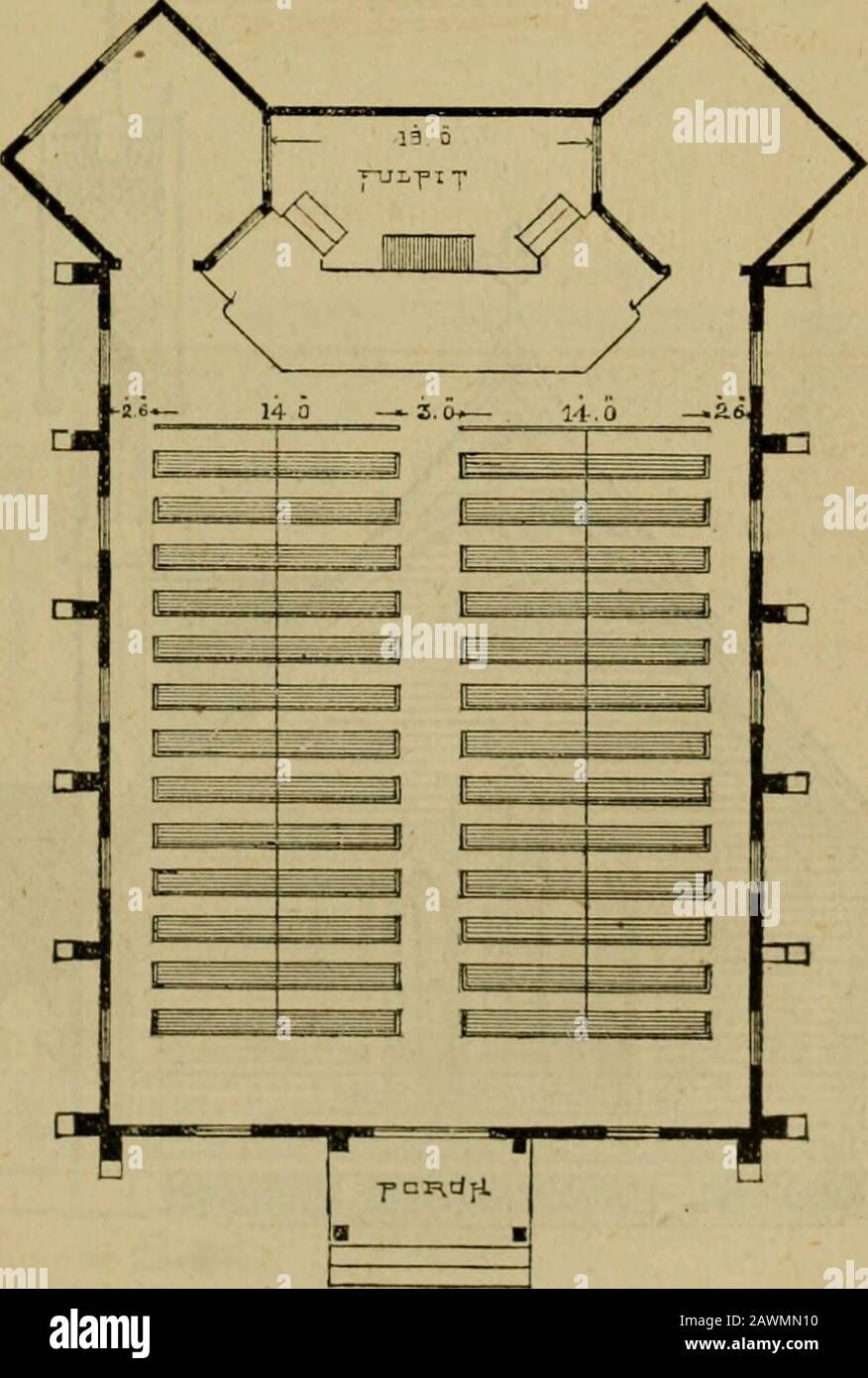 Annual reports of the boards to the General Assembly . ne or brick, may be ised in itsconstniction. It would seat comfortably 2(50 persons. The entrance is through an open porch in front. There are two sideaisles and a centre one, the one four feet wide, and the others 2 feet6 inches. There are two rooms on the rear, so arranged with glass par-titions that they can l^e made available in connection with the audienceroom, and each will seat about 20 persons, thus accommodating 300persons in all. The buttresses on the side, which seiwe as braces to the building, arecarried vip to the eaves. The Stock Photo