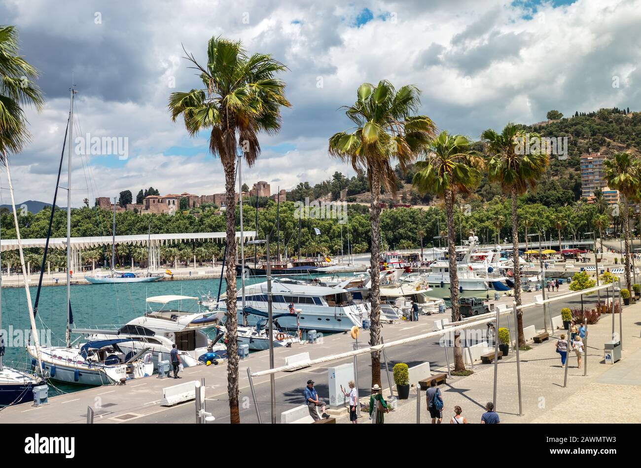 Malaga, Spain - June 29, 2018. Panoramic view of the Malaga port and  Waterfront promenade Muelle Uno, Malaga, Spain Stock Photo