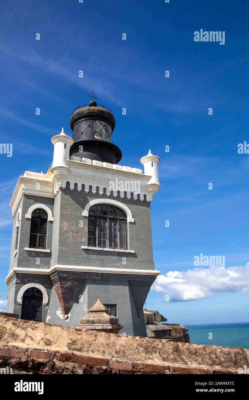 Faro Lighthouse inside Castillo San Filipe del Morro in Old San Juan, Puerto Rico. Stock Photo
