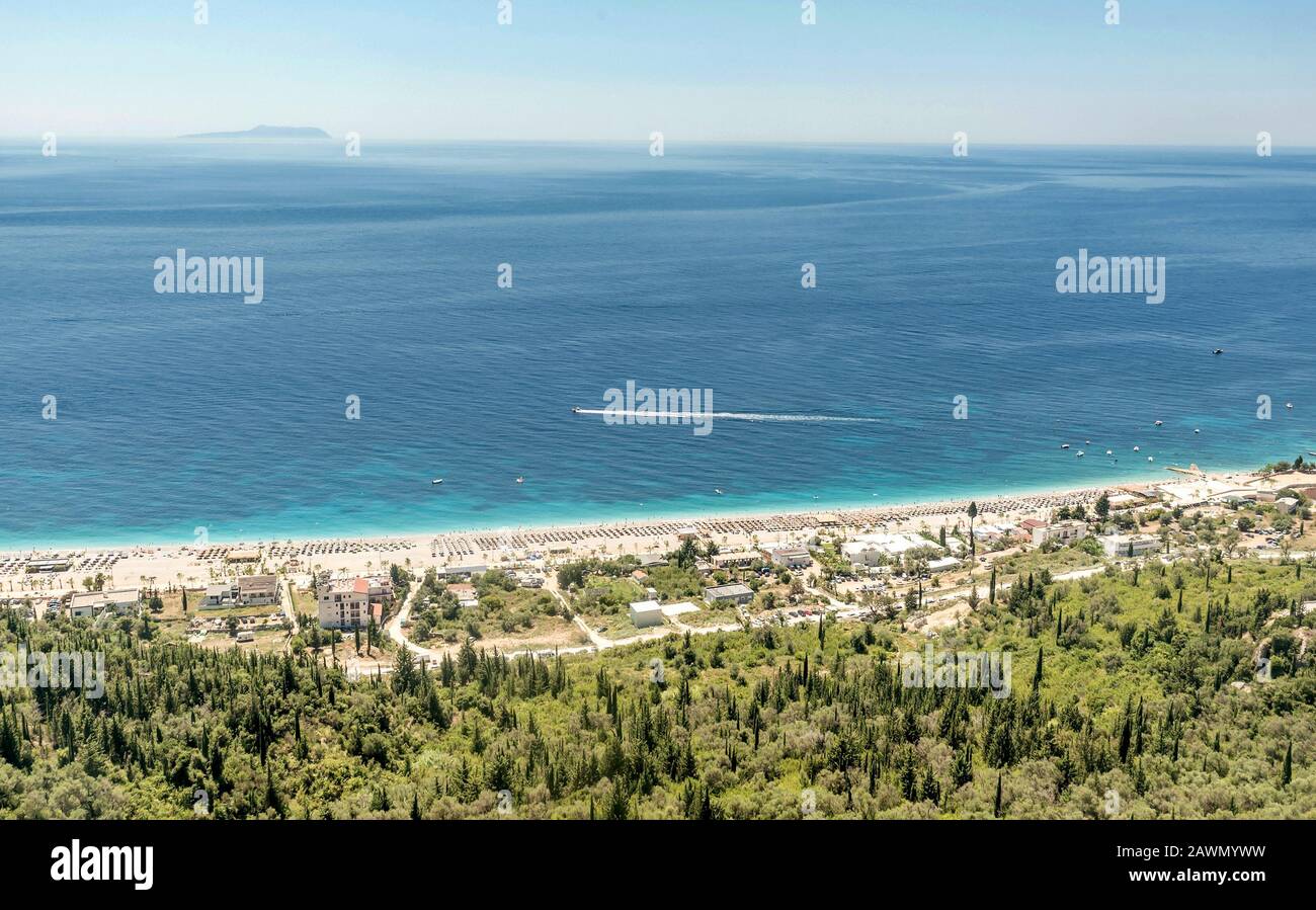 View of famous beach of Dhermi onthe coast of Ionian sea, Albania Stock Photo