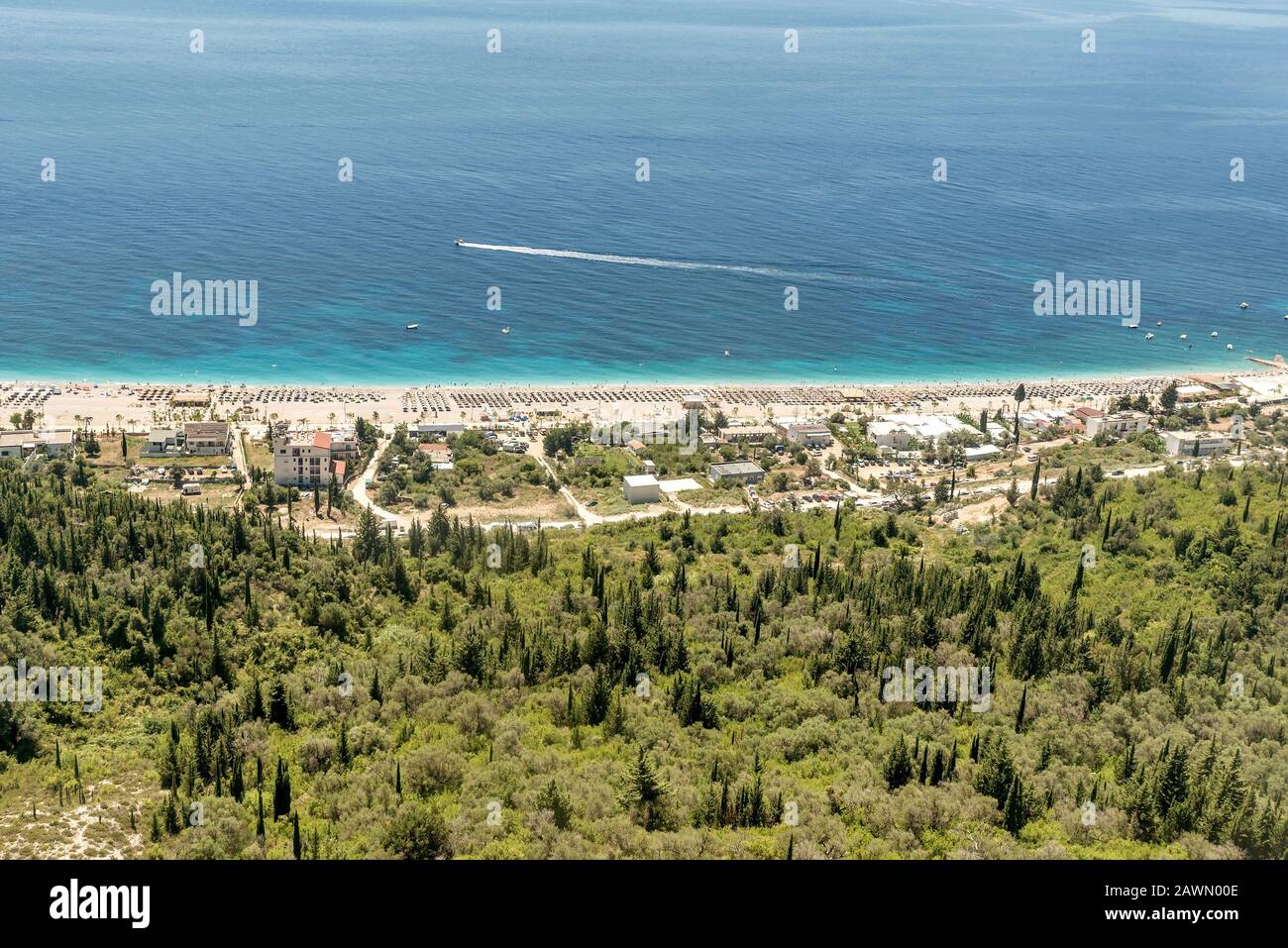View of famous beach of Dhermi onthe coast of Ionian sea, Albania Stock Photo