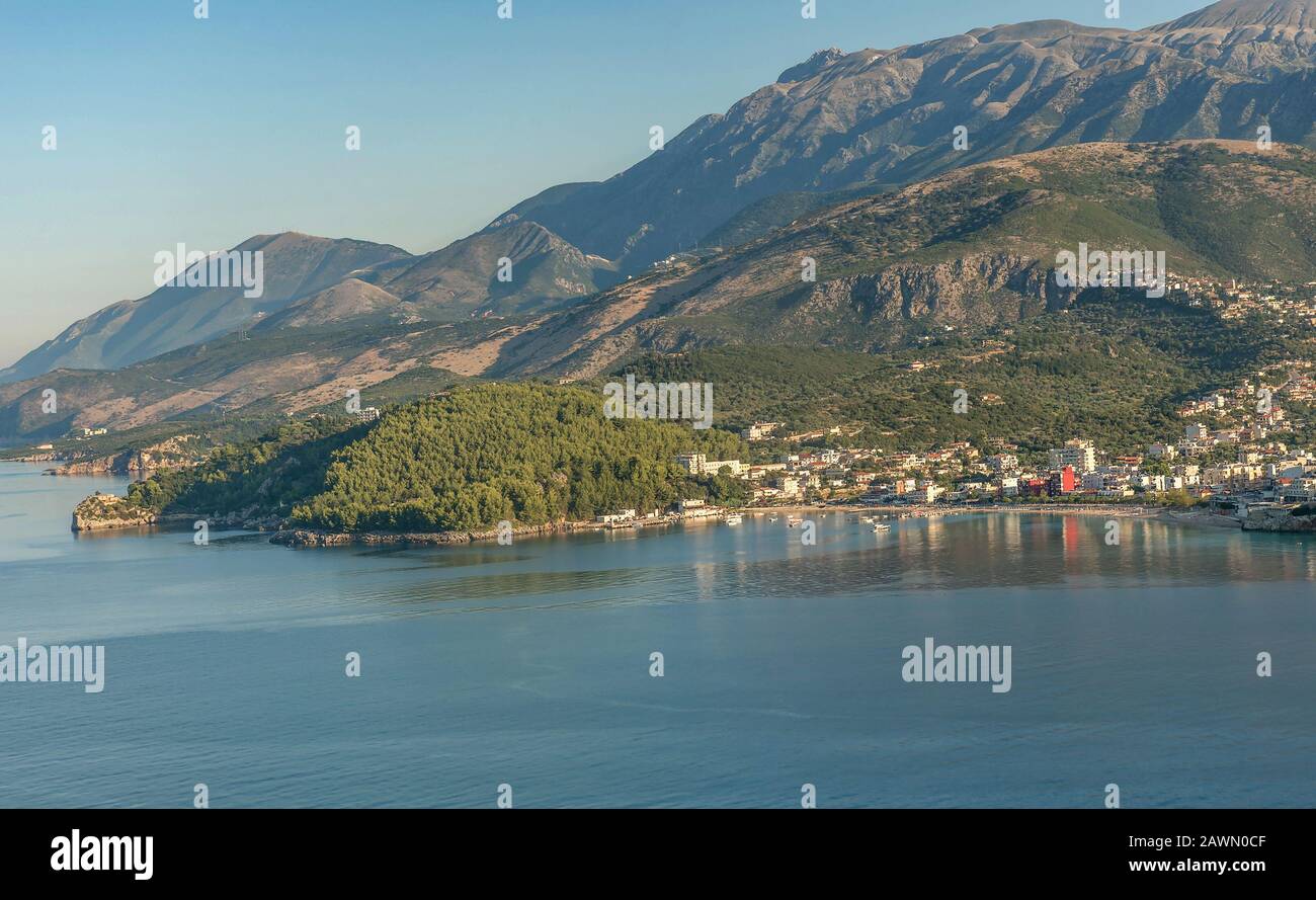 Beautiful view of Himare town, Albania Stock Photo
