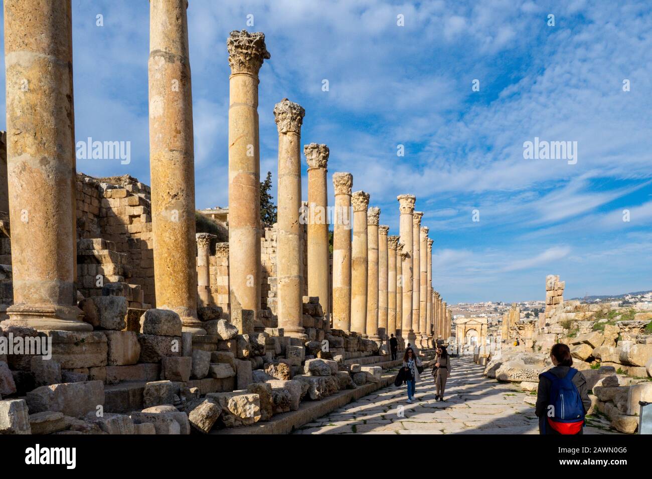 Colonnaded street in the ancient Roman city of Jerash Jerash, Jordan January, 27, 2020 Stock Photo