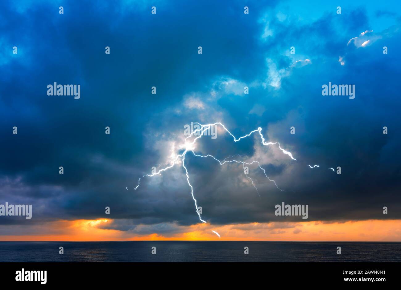 Sea before Storm, dramatic Sky over Sea, Thunderstorm with Lightning Stock Photo