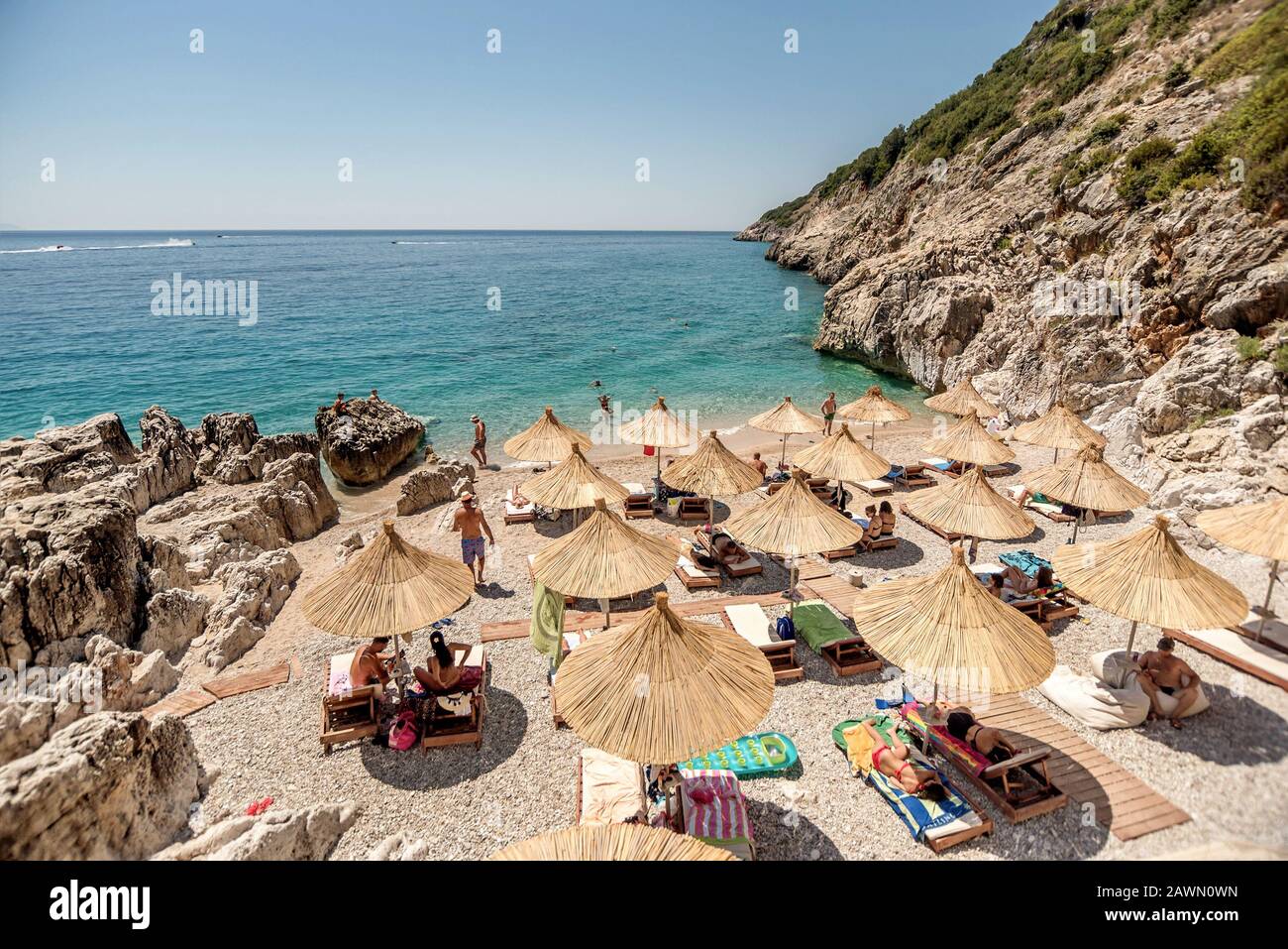 View of the beutiful sand beach Jale in southern Albania Stock Photo