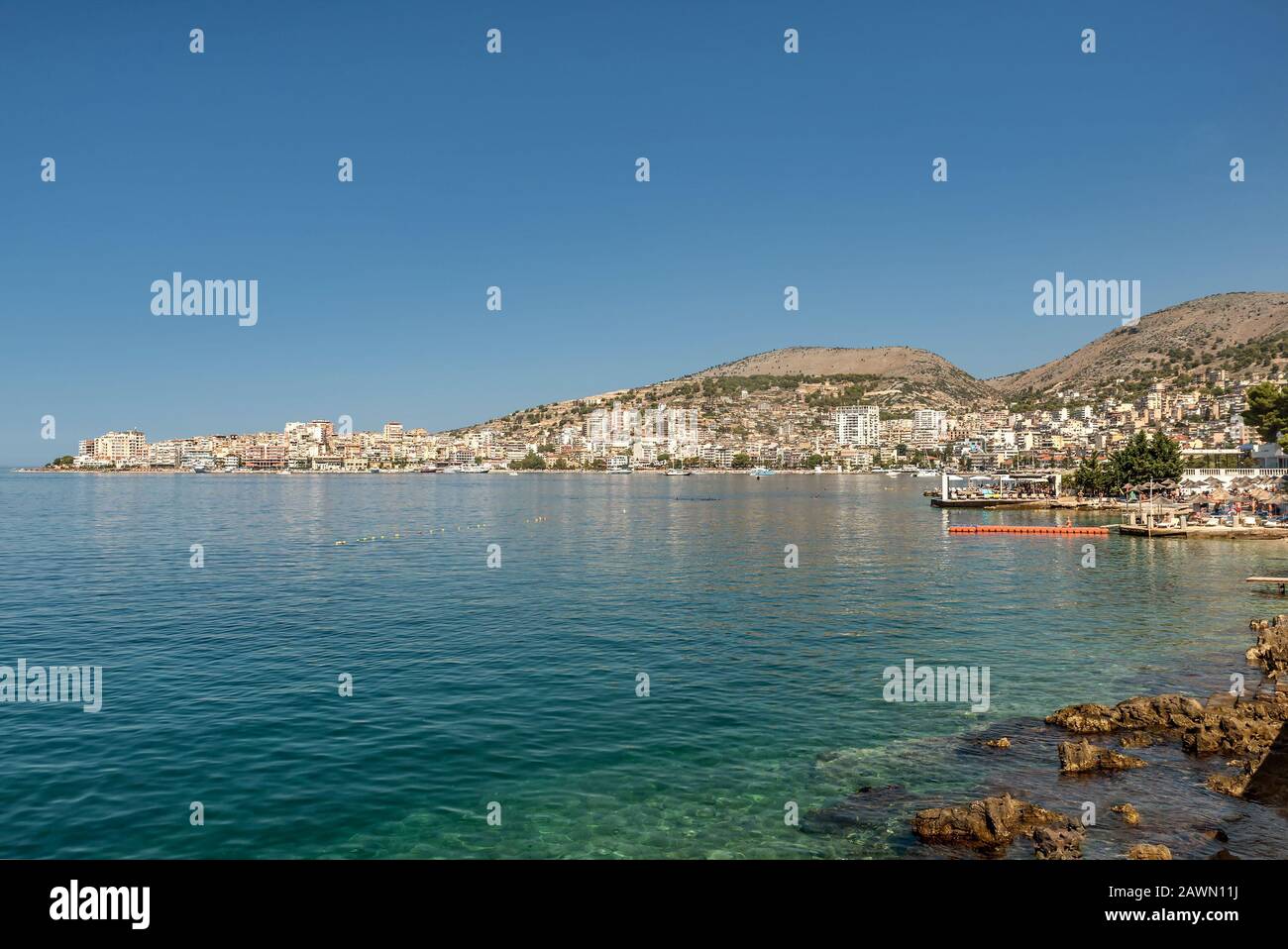 View of Saranda city on the coast of Ionian sea, Albania Stock Photo