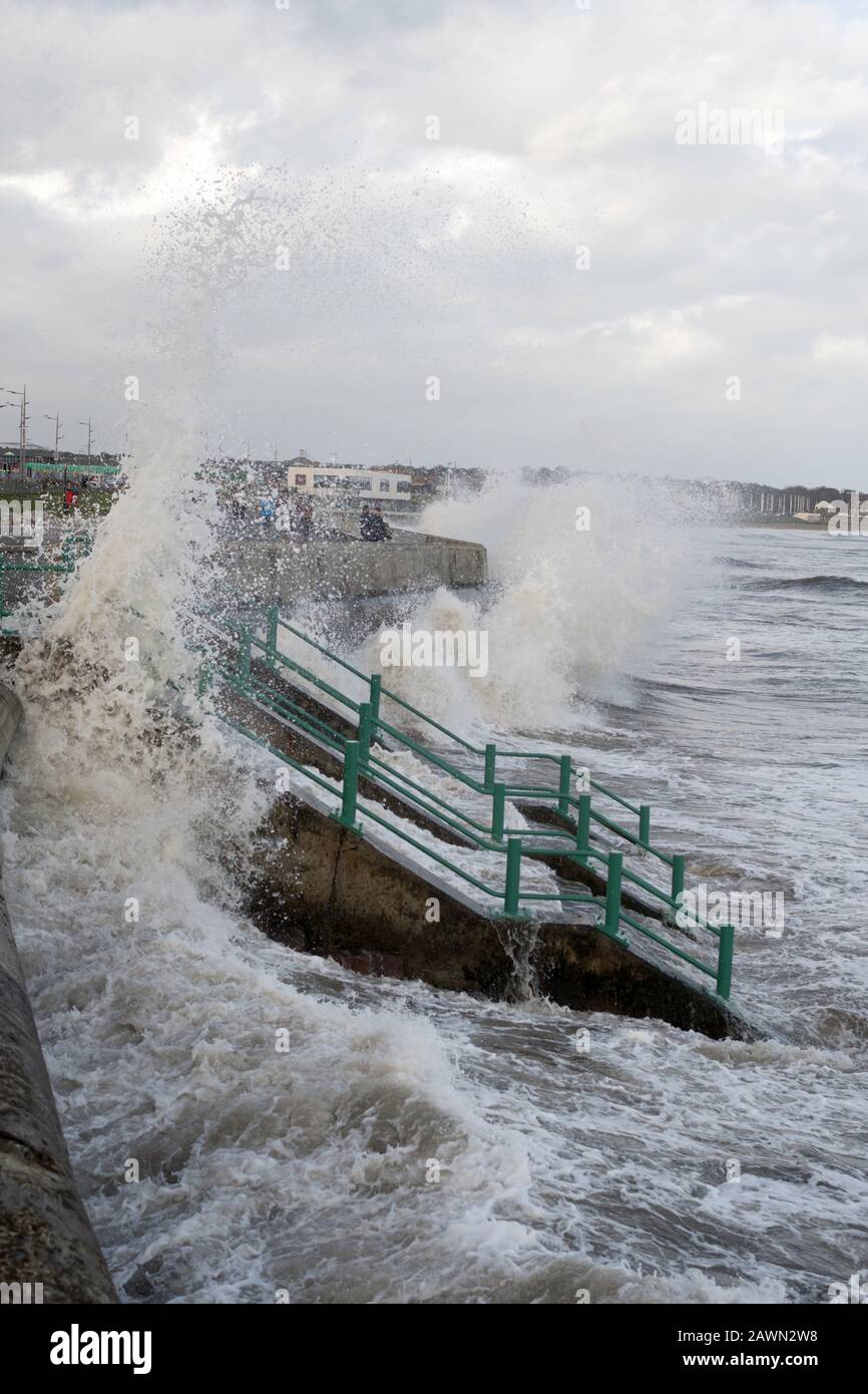 Waves breaking over the sea defences during Storm Ciara in Seaburn, Sunderland, England, UK, 09 Feb 2020 Stock Photo