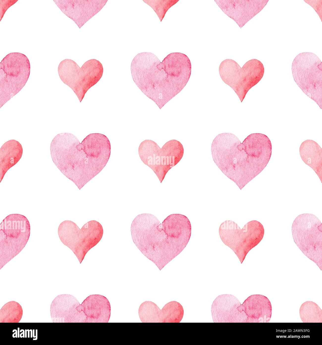 Seamless pattern with pink watercolor heart on white background. Hand ...