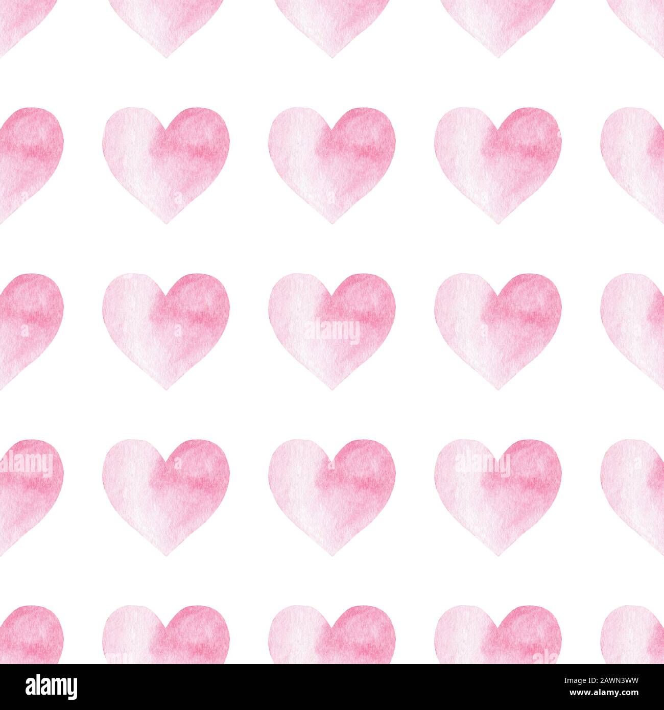 Seamless pattern with pink watercolor heart on white background. Hand ...